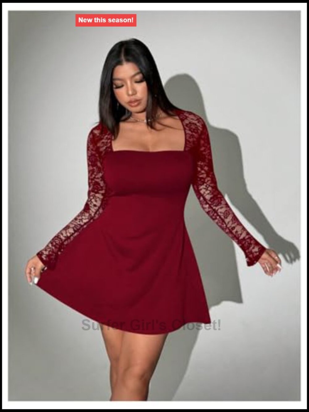 Plus Size Lace Long Sleeve Square Neck Mini Party Dress - Picture 3 of 5